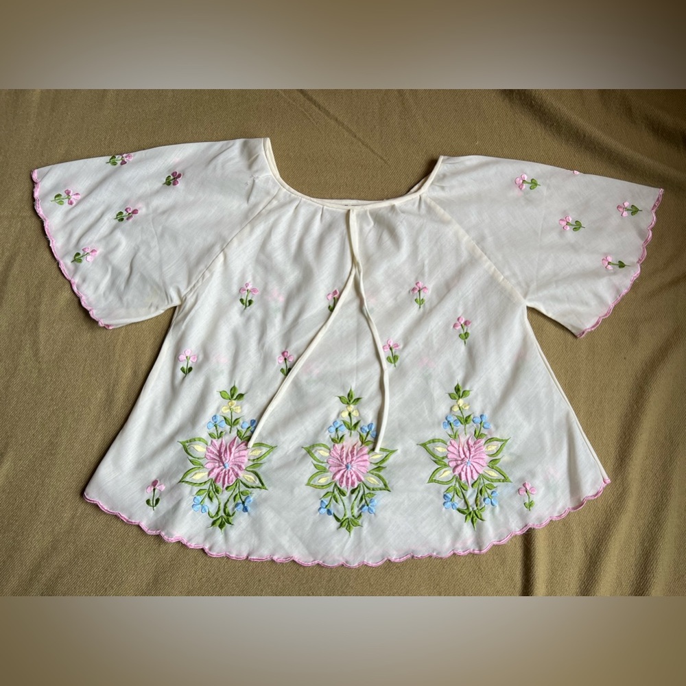 Women’s Vintage Embroidered Top Blouse sheer 60s white- pink - green size M